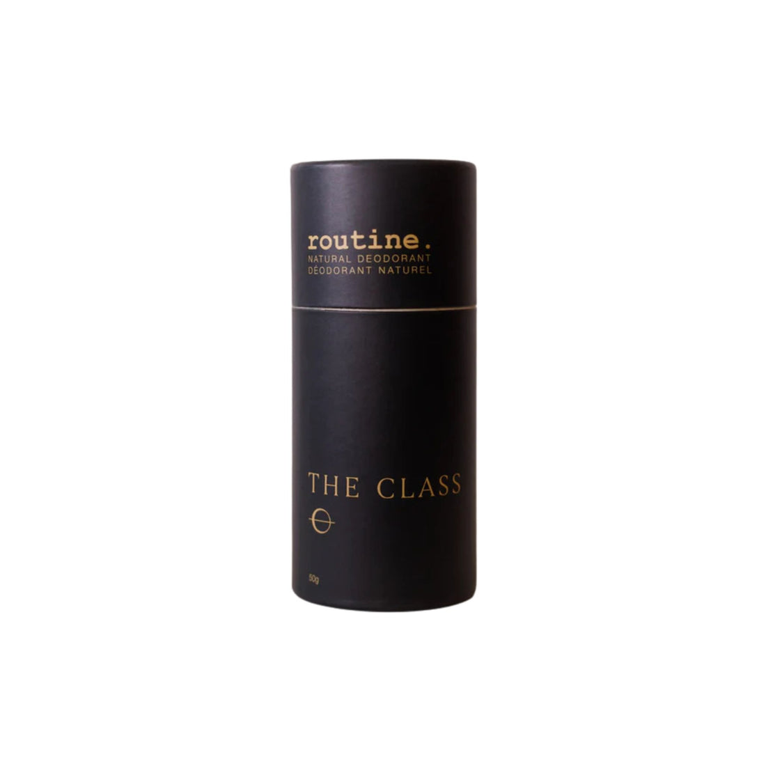 Black cylindrical deodorant container with 'routine.' branding on a white background