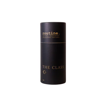 Black cylindrical deodorant container with 'routine.' branding on a white background