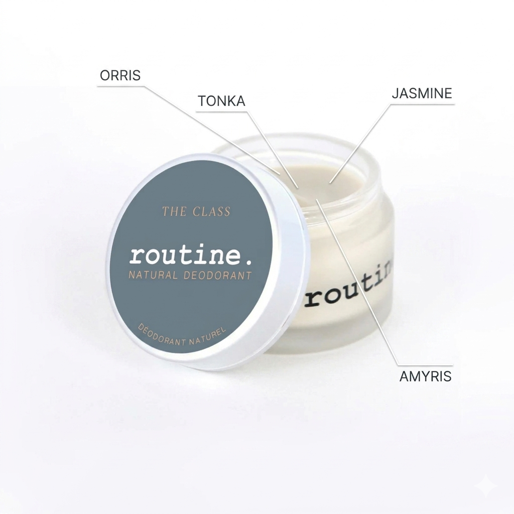 Jar of 'The Class' routine natural deodorant with labeled ingredients on a white background