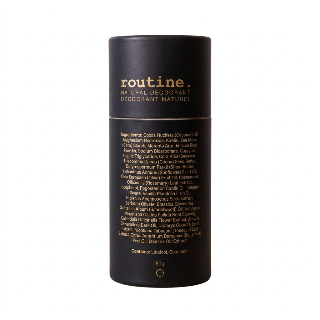 Black cylindrical deodorant container with 'routine.' branding on a white background