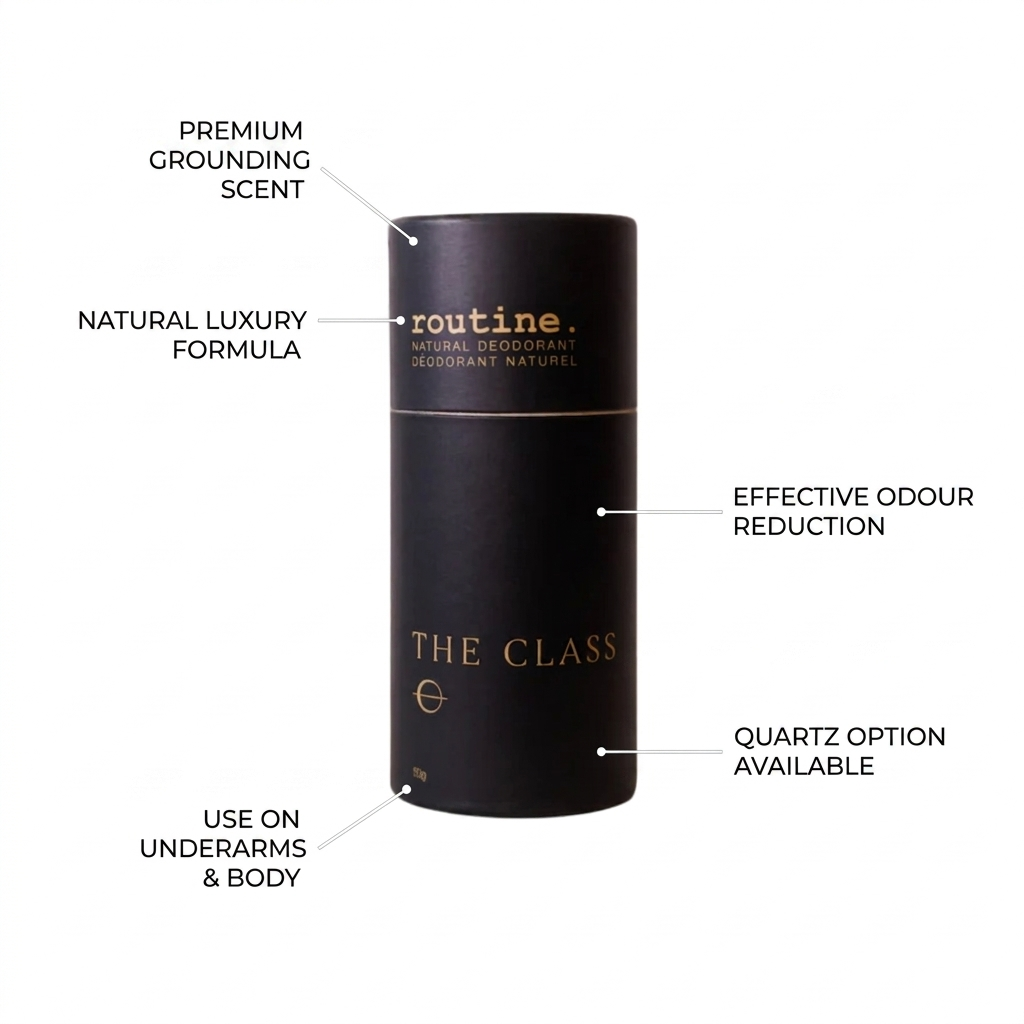 Black cylindrical container with gold text labeled 'routine' on a white background.