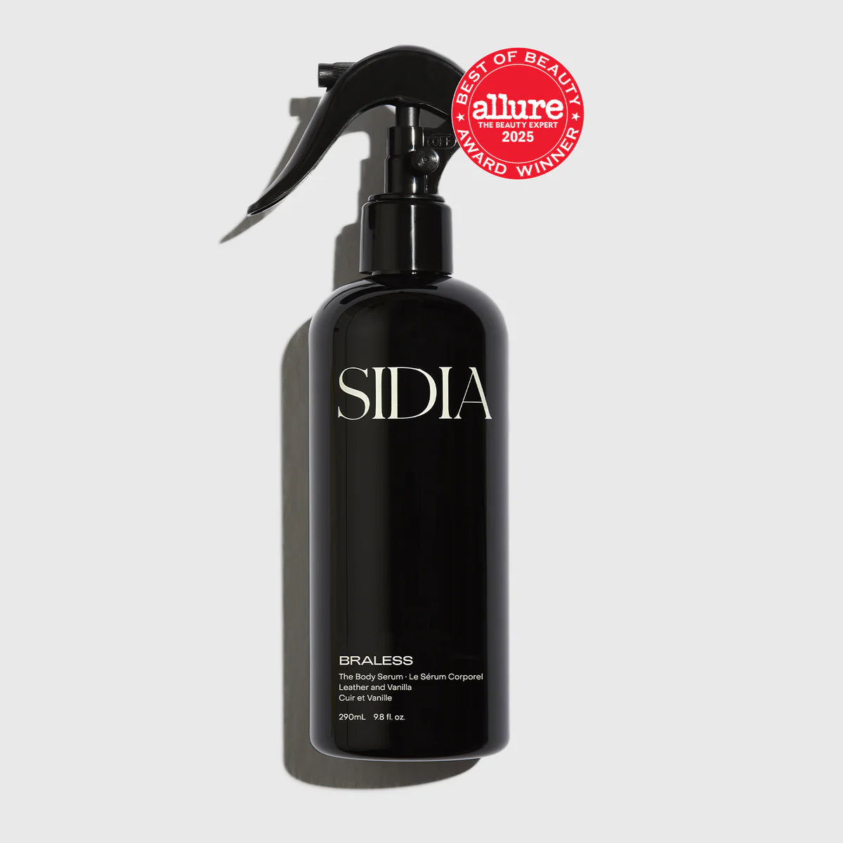 Black spray bottle labeled 'SIDIA' with 'Allure' award badge on a light gray background