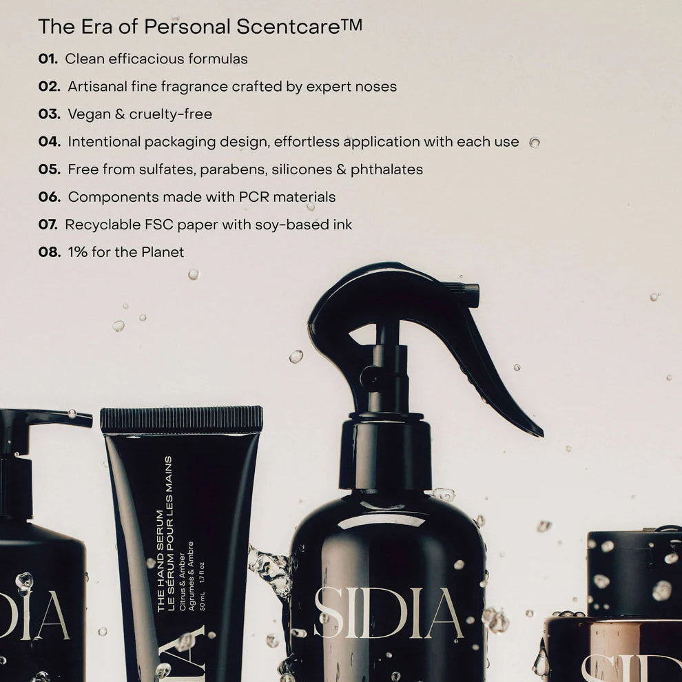 SIDIA skincare and fragrance products with brand name on a light background