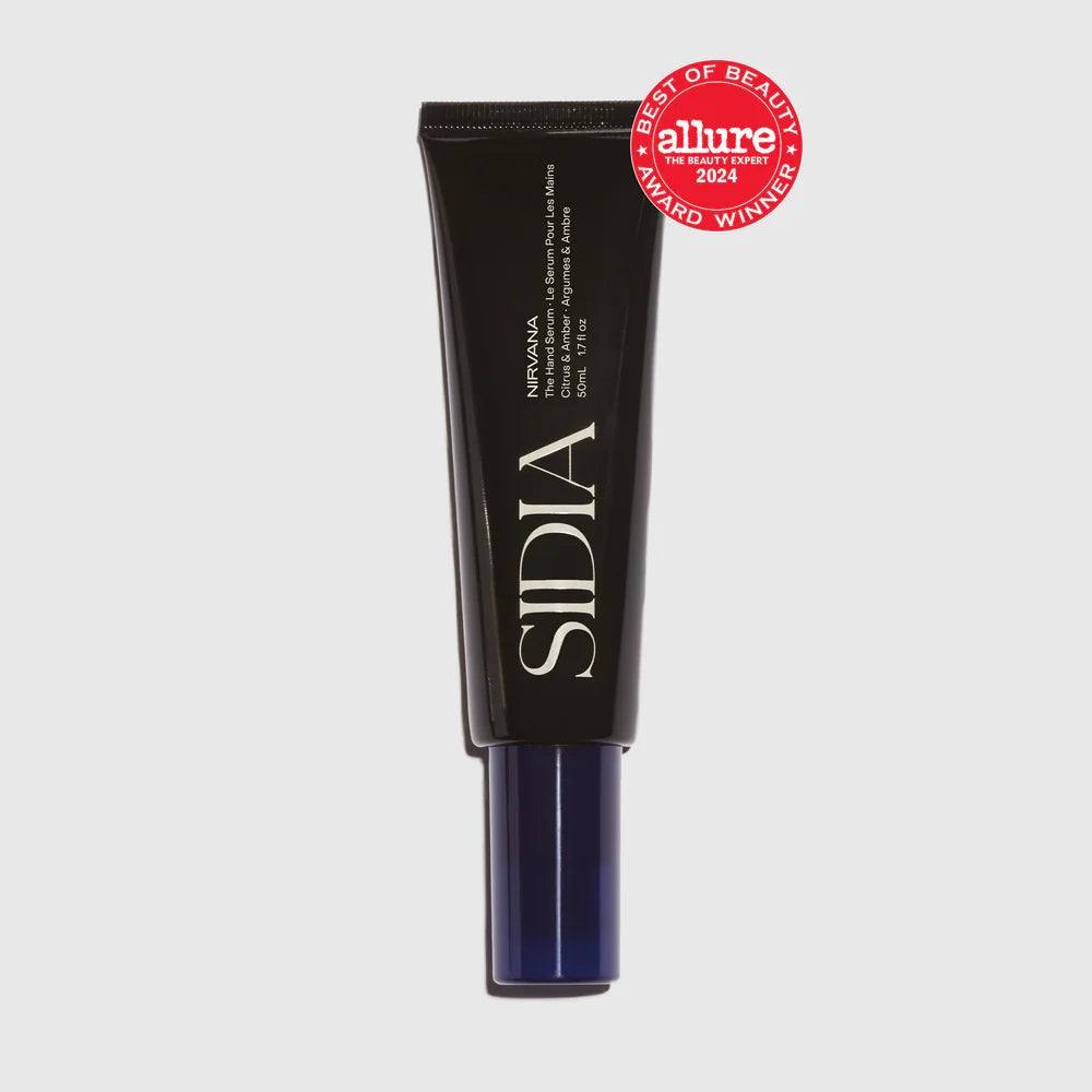 Black skincare tube with 'SIDIA' branding and 'Allure' award badge on a light gray background