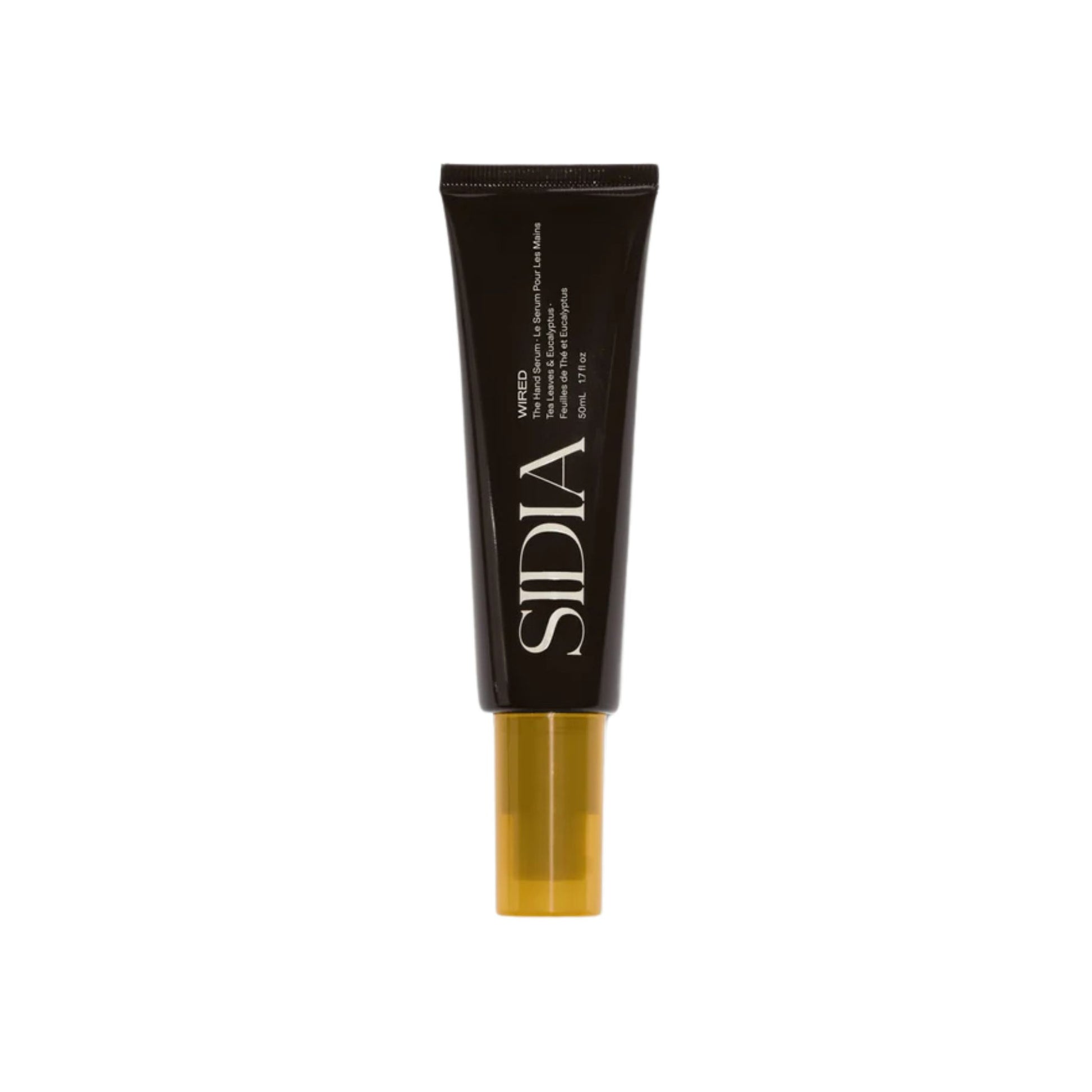 Black cosmetic tube with gold base on a white background