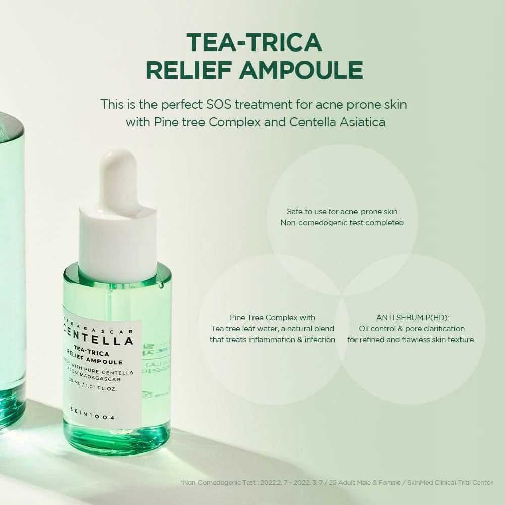 Tea-Trica Relief Ampoule bottle with dropper on a light green background