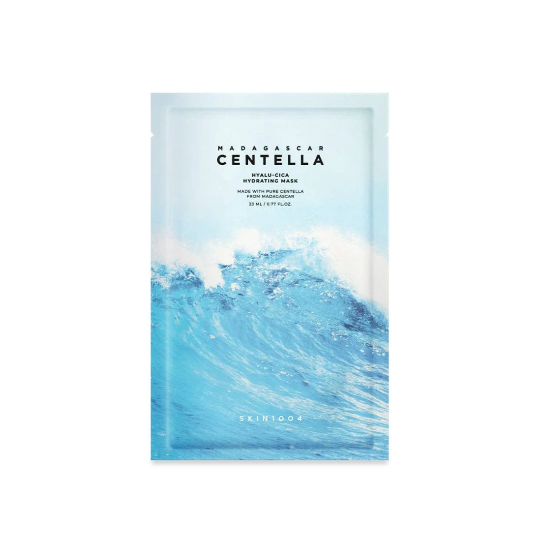 Skincare mask packaging with blue wave design and brand name on a white background