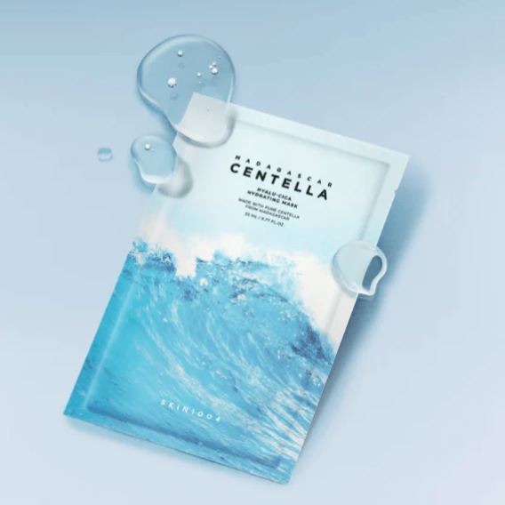 Skincare mask packaging with blue wave design and brand name on a white background