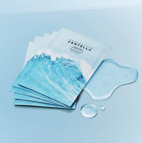 Sheet masks with a blue design on a light blue background