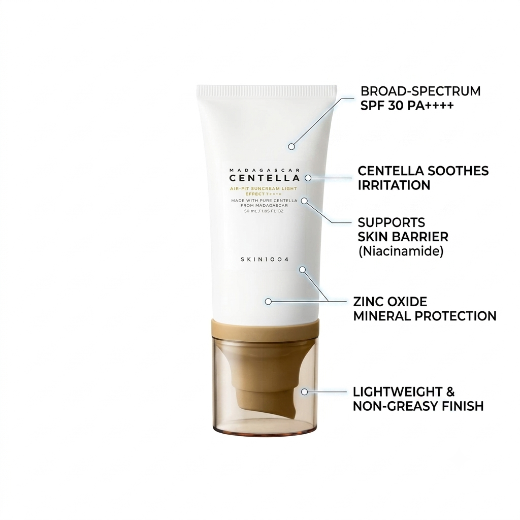 SKIN1004 Marzipan Centella Sun Defense SPF 30 PA+++ sunscreen in a white squeeze tube with a beige cap, shown with callout lines and text describing its benefits.