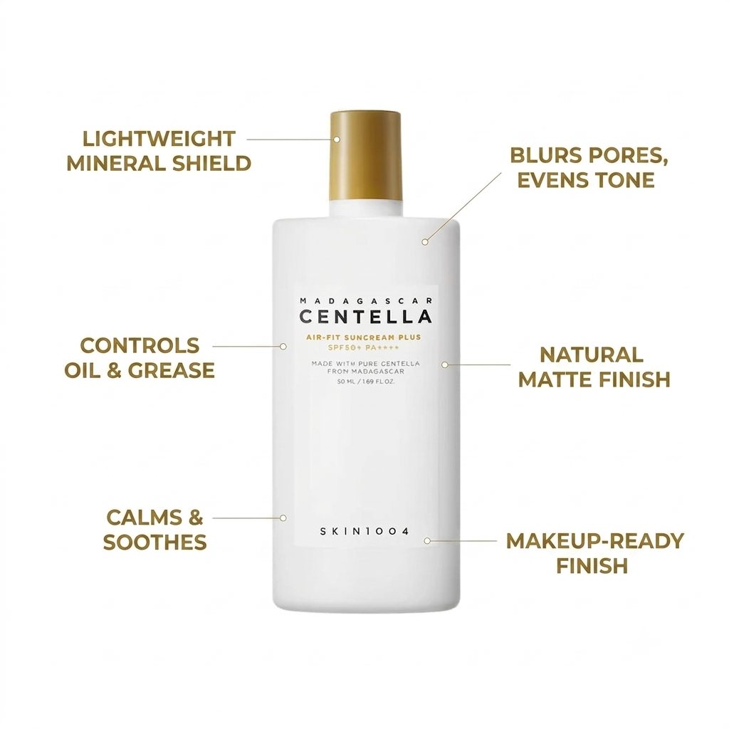 A white bottle of SKIN1004 Madagascar Centella Soft Power Plus SPF 30 shown with callout lines and text describing its benefits, including lightweight mineral shield, controls oil and grease, natural matte finish, and makeup-ready finish.
