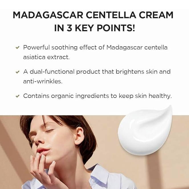 Promotional text about Madagascar Centella Cream with a woman applying cream to her face.