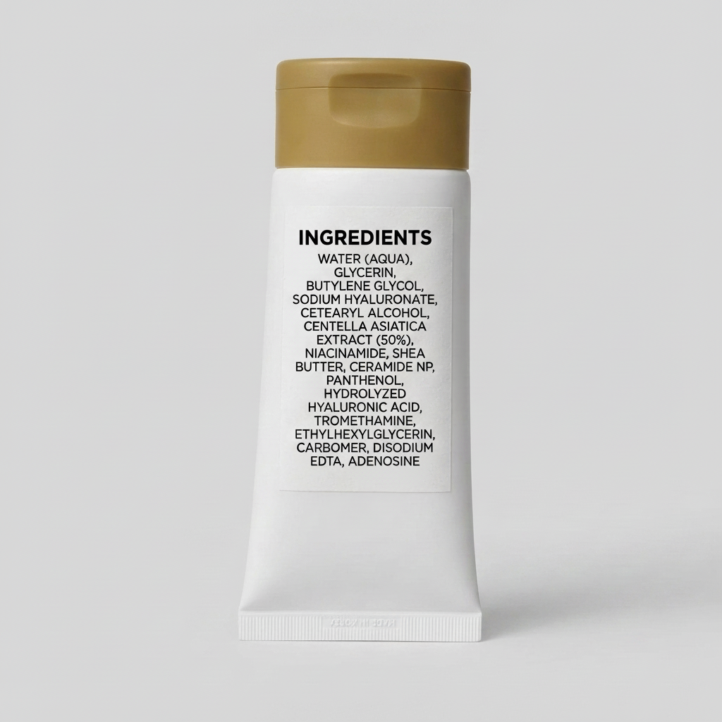 A white cosmetic tube with a tan cap, displaying the ingredients list on the front, set against a light gray background.