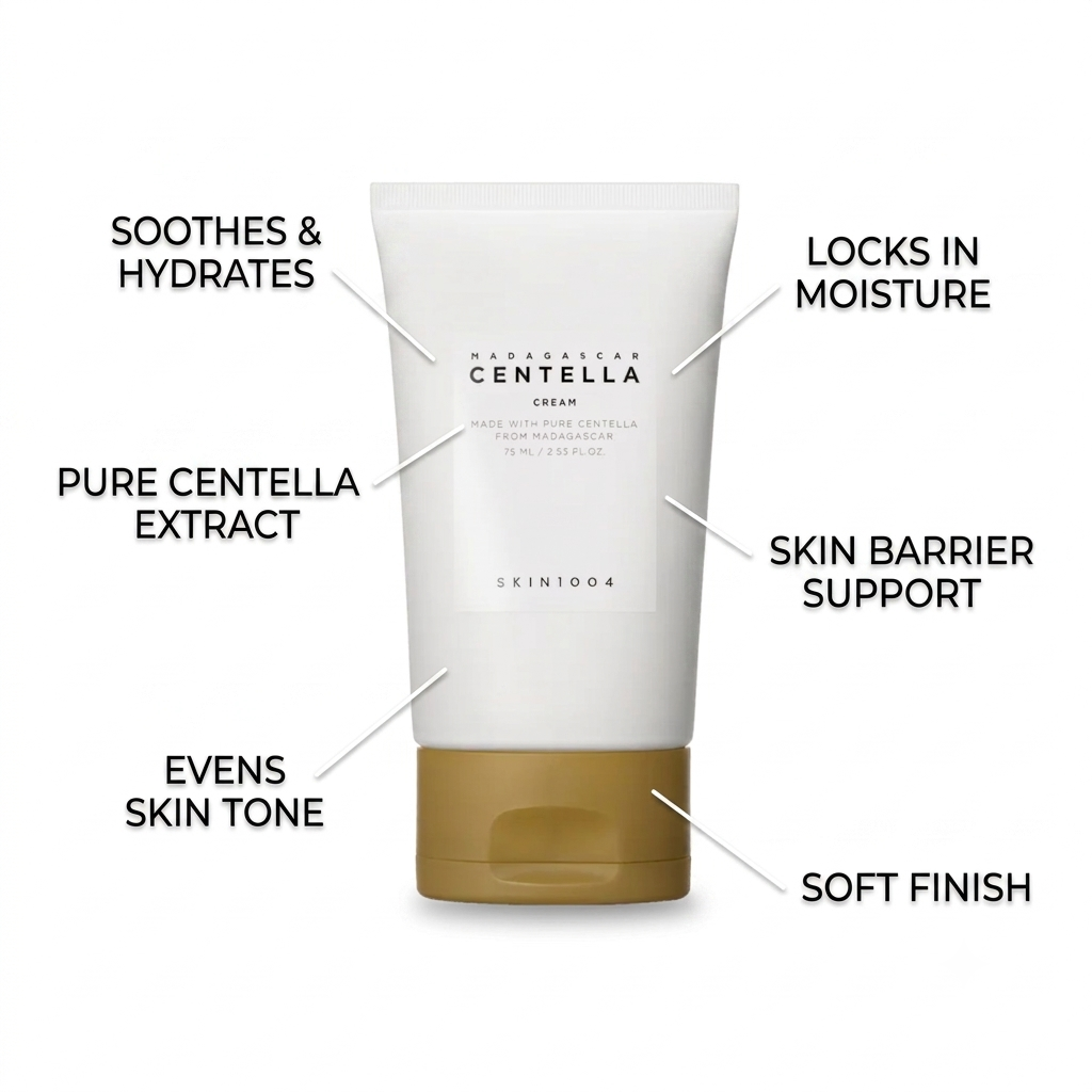 A white squeeze tube of SKIN1004 Australian Centella Cream with a gold cap, surrounded by black text callouts explaining its benefits: soothes & hydrates, locks in moisture, pure centella extract, skin barrier support, evens skin tone, and soft finish.