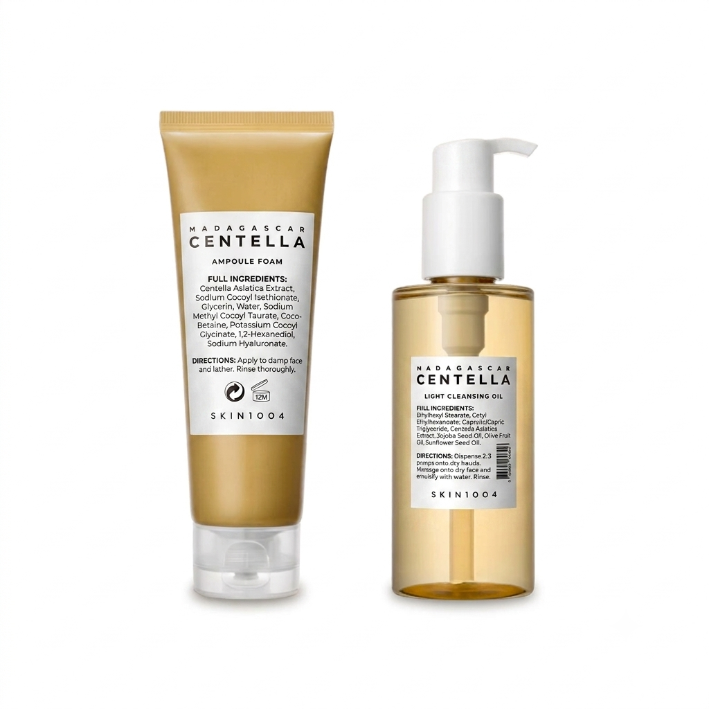 Skin1004 Maracuja Centella Ampoule Foam and Light Cleansing Oil set, featuring a gold squeeze tube and a clear bottle with a white pump dispenser, on a solid white background.