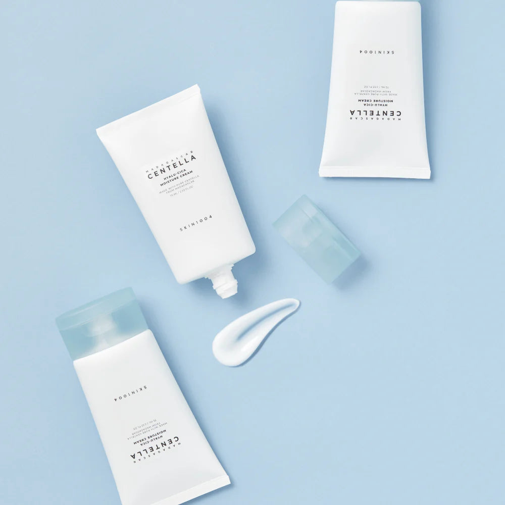 Three Centella products on a light blue background