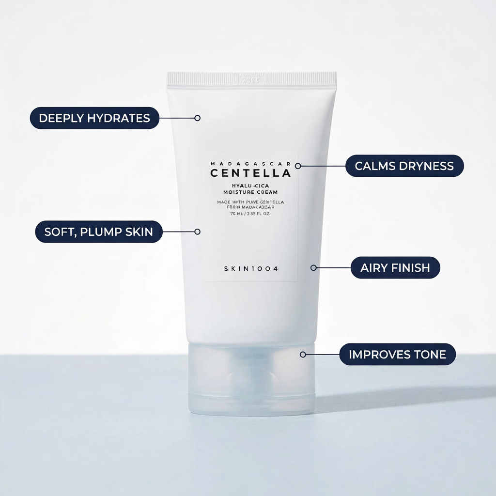 A white squeeze tube of SKIN1004 Madagascar Centella Hyalu-Cica Moisture Cream stands on a light surface against a pale gray background. Five dark blue callout labels with white text point to the tube, describing benefits like deep hydration, calm dryness, soft plump skin, airy finish, and improved tone.