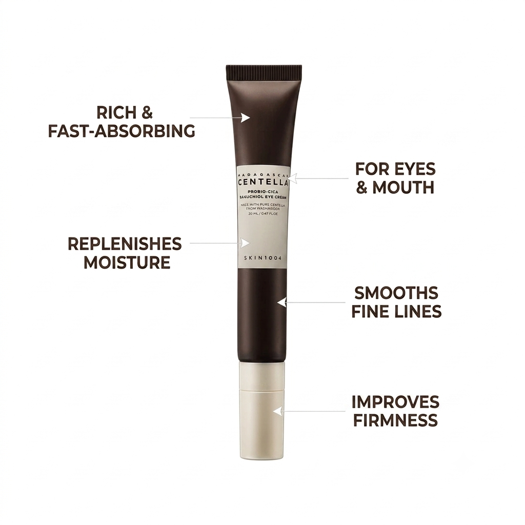 A cosmetic eye cream tube centered on a white background with callout text describing its benefits: rich and fast-absorbing, for eyes and mouth, replenishes moisture, smooths fine lines, and improves firmness. The tube is dark brown with a light beige cap and a beige label band.