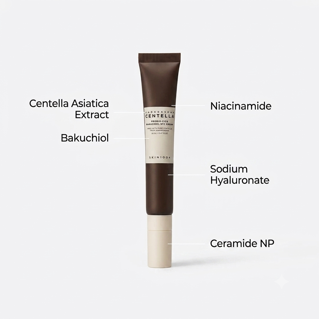 A cosmetic tube labeled SKIN1000 Centella Cream on a light gray background, with callout lines and text identifying key ingredients: Centella Asiatica Extract, Bakuchiol, Niacinamide, Sodium Hyaluronate, and Ceramide NP.
