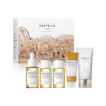 Skincare product set with Centella branding on a white background