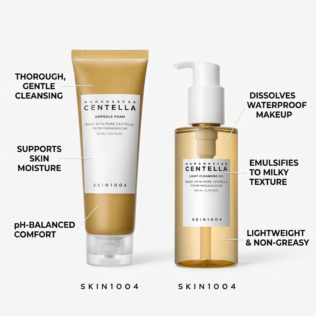 Skincare product set with Centella branding on a white background