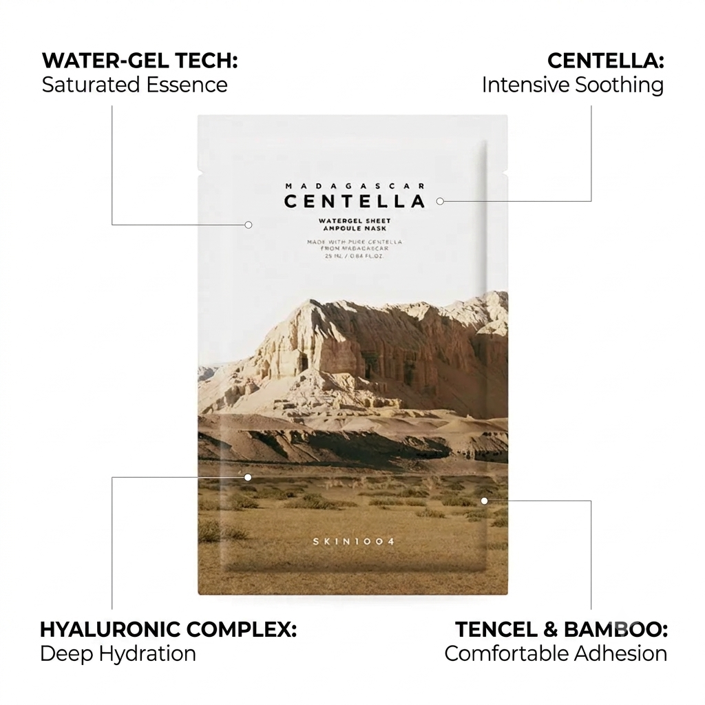 A skincare sheet mask package labeled 'Madagascar Centella' centered on a white background, with four callout text boxes around it describing features like water-gel tech, centella soothing, hyaluronic complex, and tencel & bamboo adhesion.