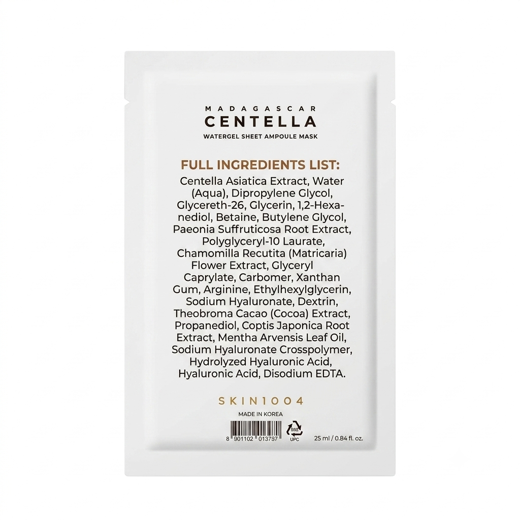A single white sheet mask packet from SKIN004 Madagascar Centella Watersheet Ampoule Mask, showing the full ingredients list on the front against a white background.