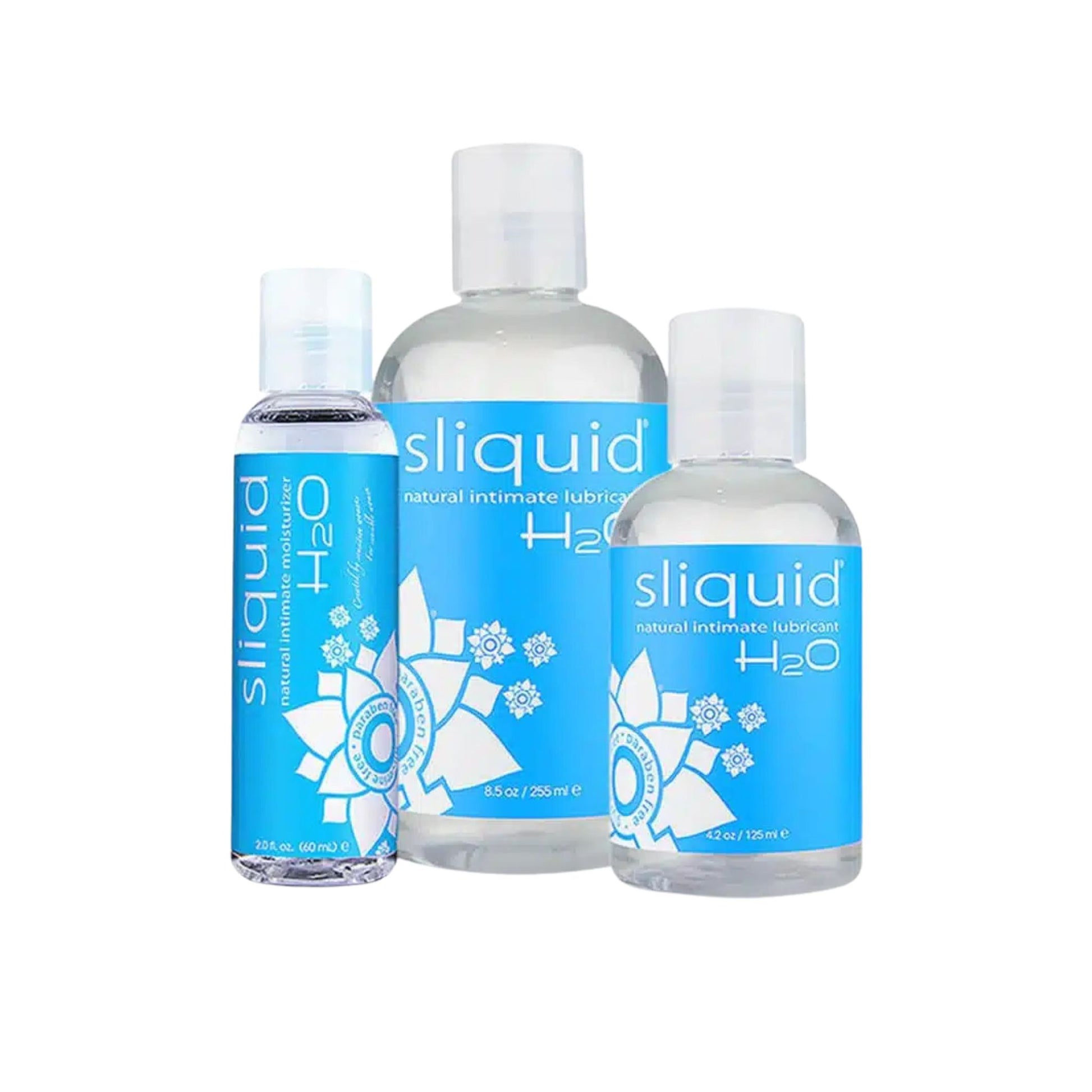 Three bottles of sliquid H2O natural intimate lubricant on a white background