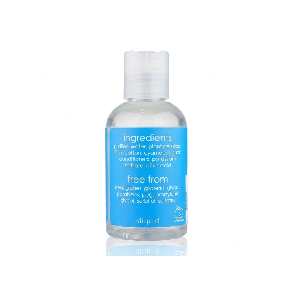 A clear plastic bottle of Sliquid ingredients free from toner with a translucent cap and a bright blue label, shown on a white background with a soft reflection.