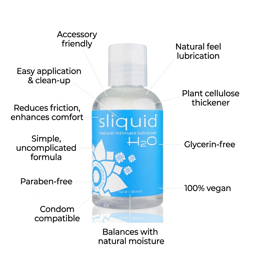 A bottle of Sliquid H2O natural intimate lubricant centered on a white background, surrounded by callout text labels describing product features such as accessory friendly, easy application, plant cellulose thickener, glycerin-free, paraben-free, condom compatible, and 100% vegan.