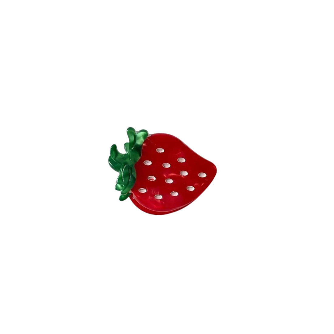 Red strawberry-shaped object with green leaves on a white background