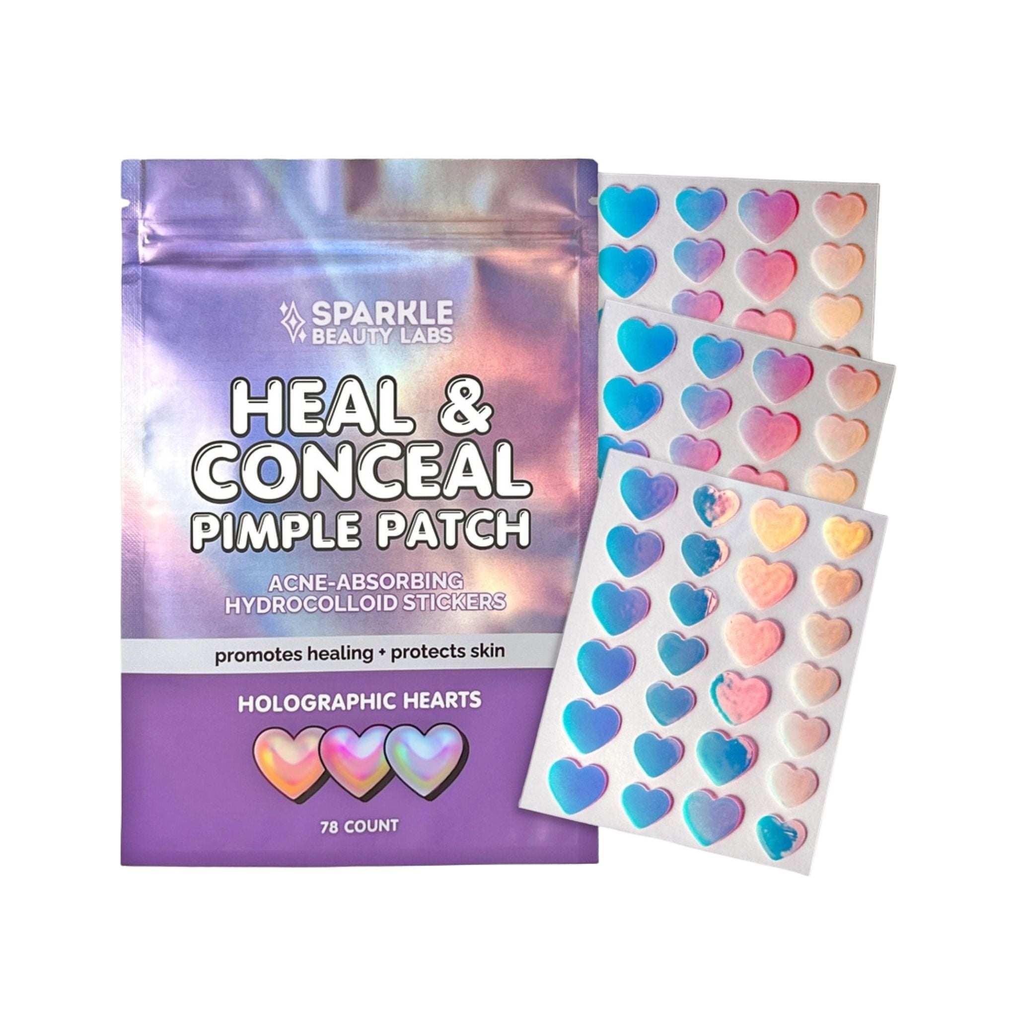 Sparkle Beauty Labs Heal & Conceal Pimple Patch kit with a purple holographic pouch and three sheets of heart-shaped hydrocolloid stickers in pastel rainbow colors on a white background.