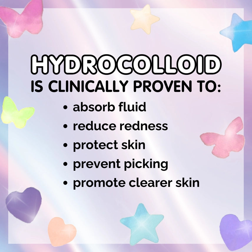 A pastel promotional graphic with the text 'HYDROCOLLOID IS CLINICALLY PROVEN TO:' followed by a bulleted list of benefits: absorb fluid, reduce redness, protect skin, prevent picking, and promote clearer skin. The background is soft lavender and pink with butterfly and heart illustrations.
