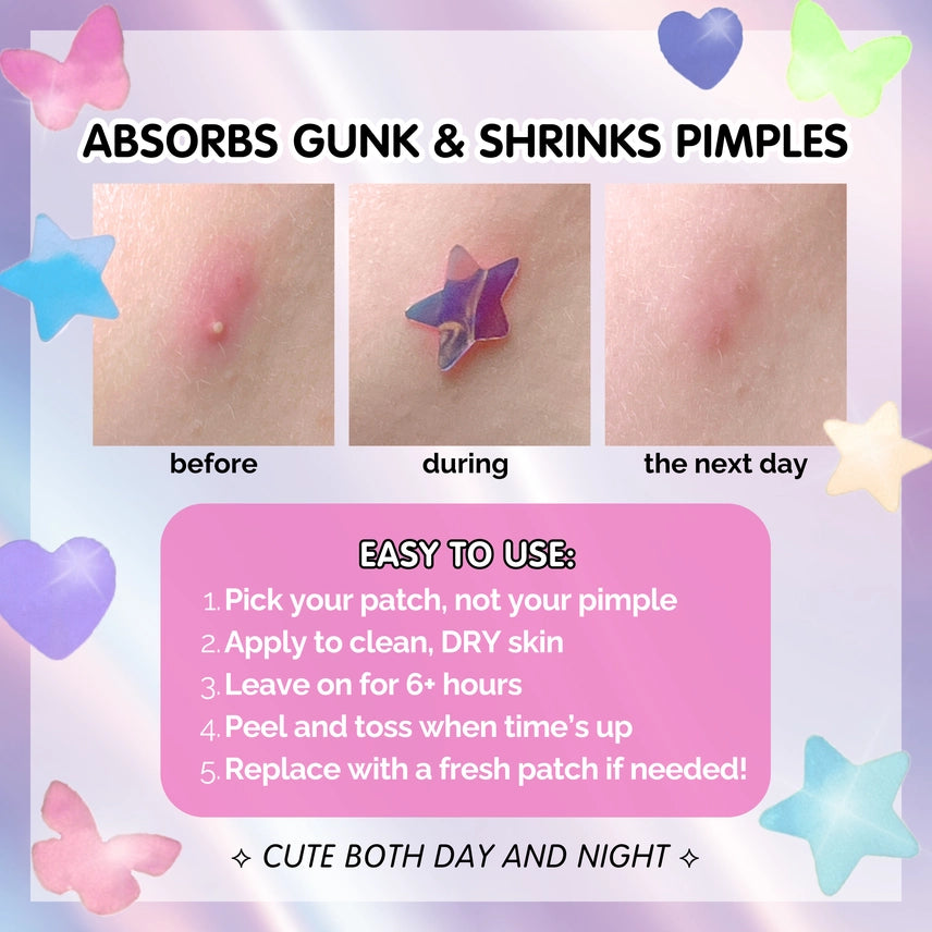 Product advertisement showing before, during, and after use of a pimple patch with colorful stars and hearts.