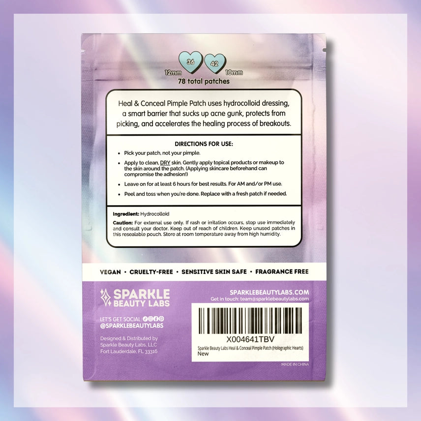 Packaging of Sparkle Beauty Labs pimple patches with directions and branding details.