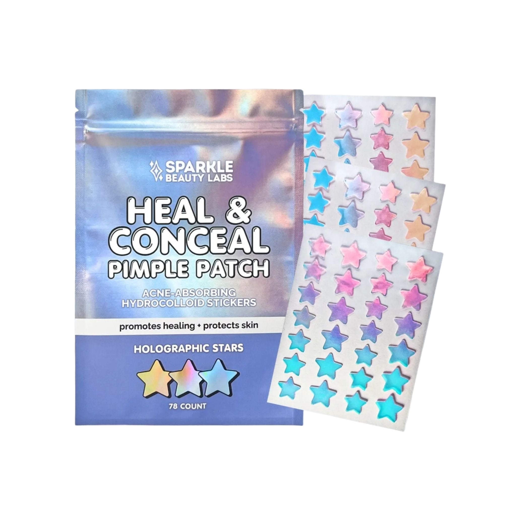 Sparkle Beauty Labs Heal & Conceal Pimple Patch packaging with three sheets of holographic star-shaped acne stickers in pink, blue, and gold tones, shown on a white background.
