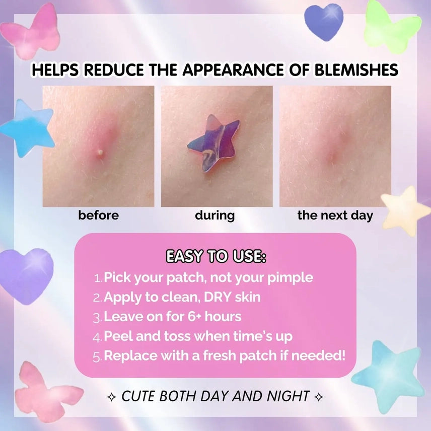 Product advertisement showing before, during, and after effects of using blemish patches with step-by-step instructions.