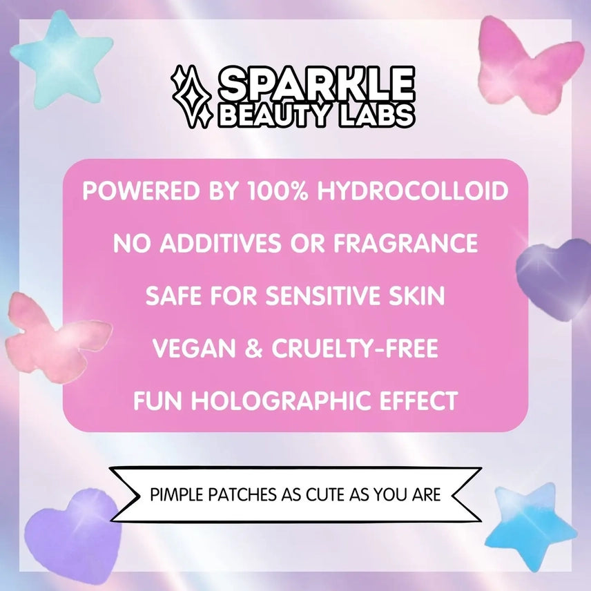 A promotional graphic for 'Sparkle Beauty Labs' product, featuring a central pink text box with white lettering about hydrocolloid pimple patches. The graphic includes decorative pastel stars and butterflies on a soft gradient background.