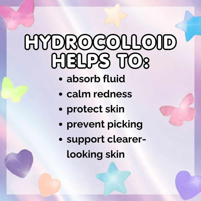 Text about hydrocolloid benefits with colorful stars and butterflies on a gradient background