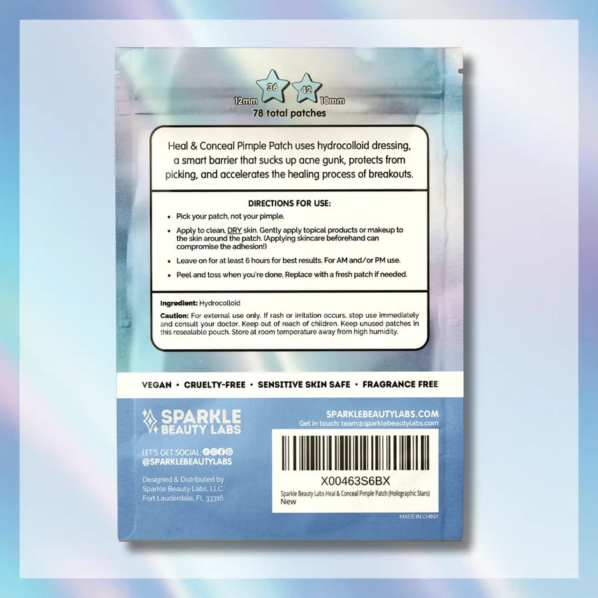 Back of a packaging for Sparkle Beauty Labs pimple patch with text and branding.