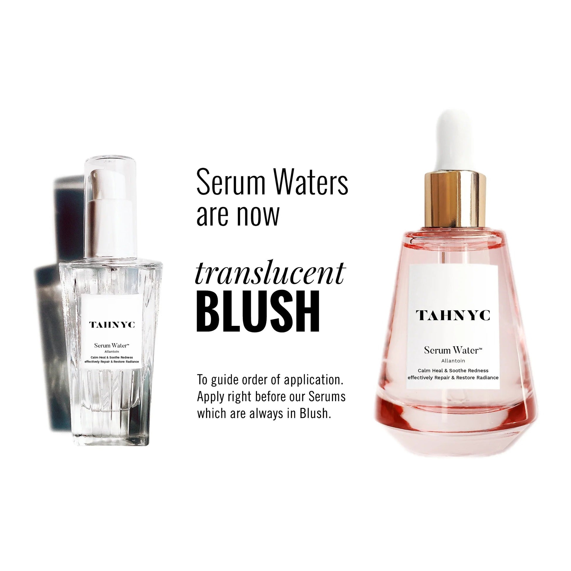 Two skincare products with text about serum waters on a white background