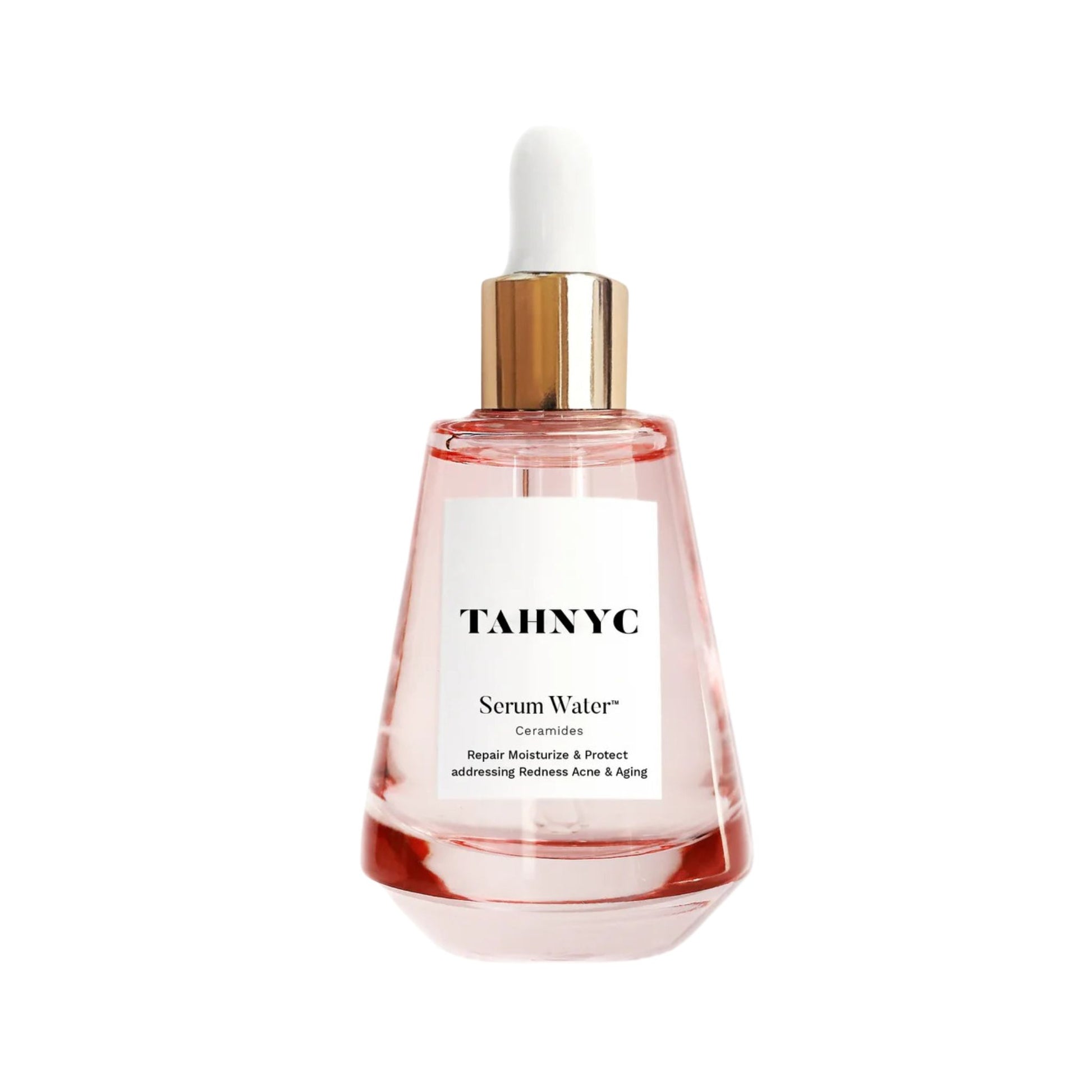 Bottle of TAHNYC Serum Water on a white background