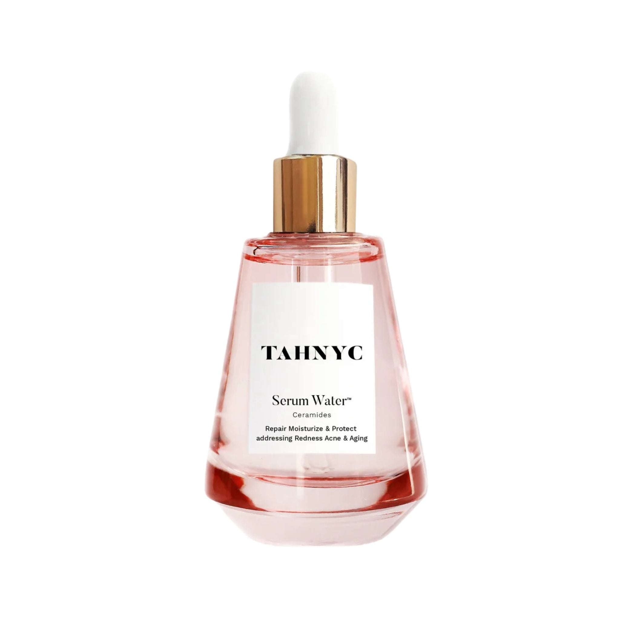 Bottle of TAHNYC Serum Water on a white background