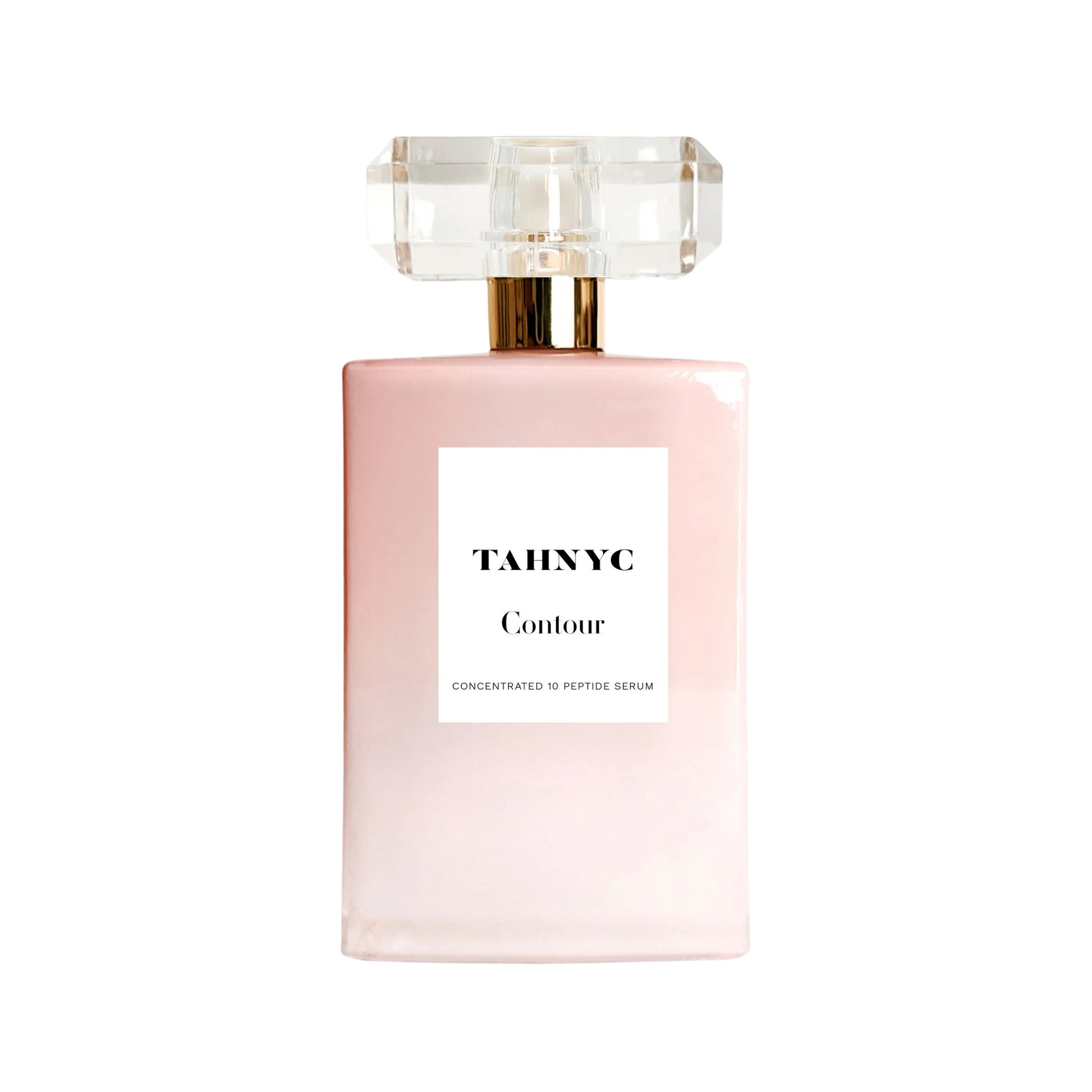 TAHNYC Contour Peptide Serum in a pink glass bottle with a crystal-style cap against a white background.