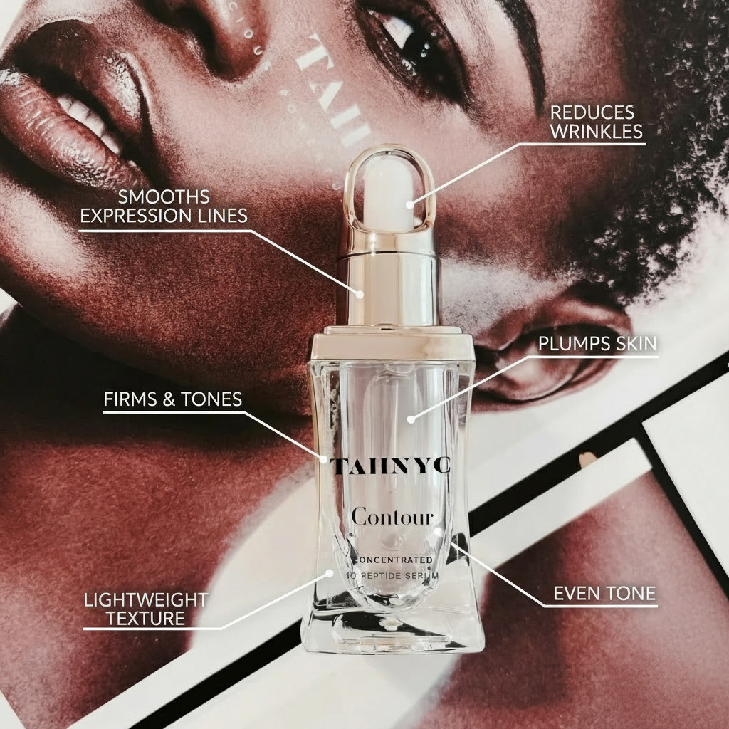TAINYC serum bottle with text highlighting its benefits on a blurred background of a person's face.