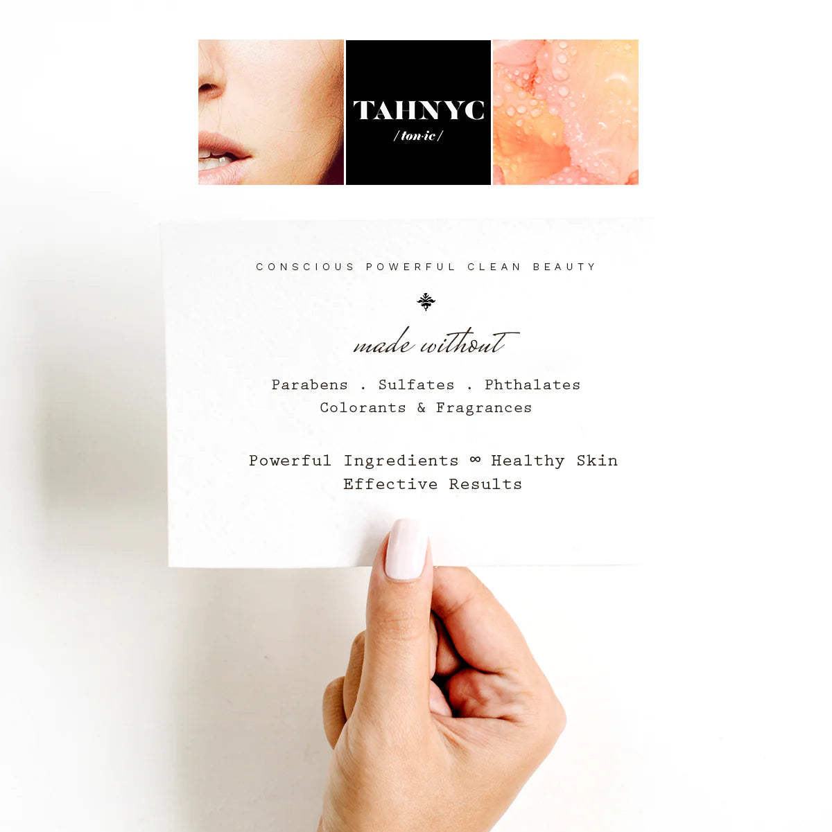 Hand holding a product card with TAHNYC branding and skincare benefits on a white background