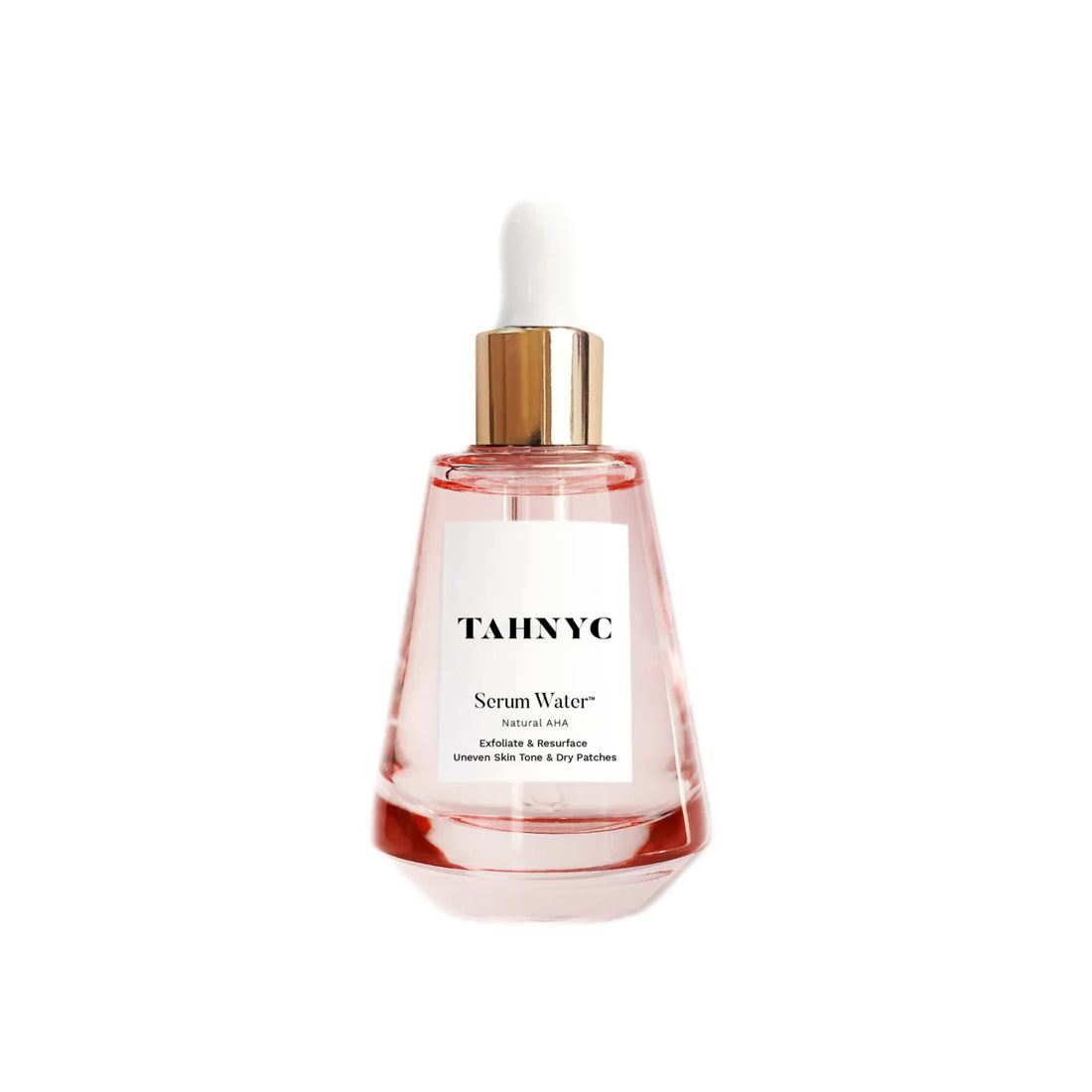 A bottle of TAHNYC Serum Water with a white dropper cap, featuring a gold collar and a white label with black text, set against a plain white background.