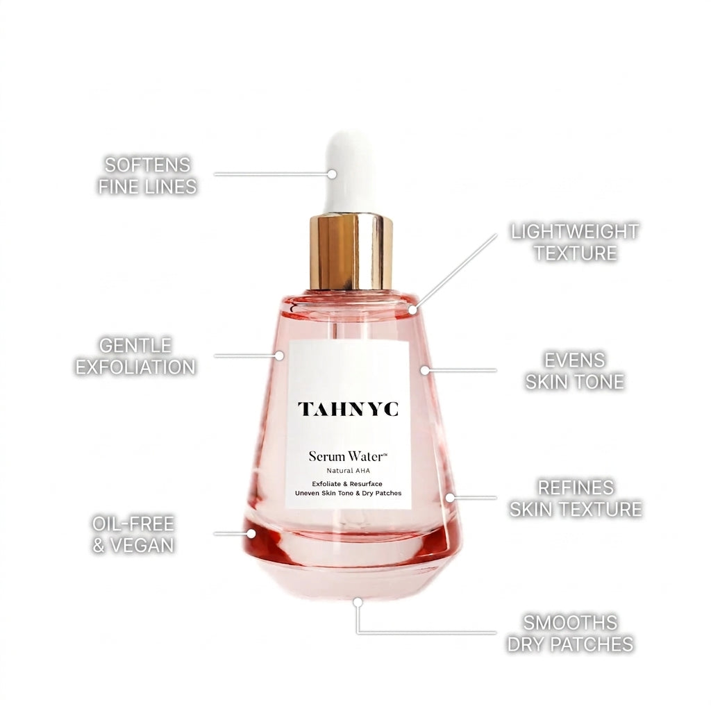 A bottle of TAHINYC Serum Water exfoliating and hydrating face mist, shown on a white background with callout lines and text highlighting its benefits such as softening fine lines, gentle exfoliation, and lightweight texture.