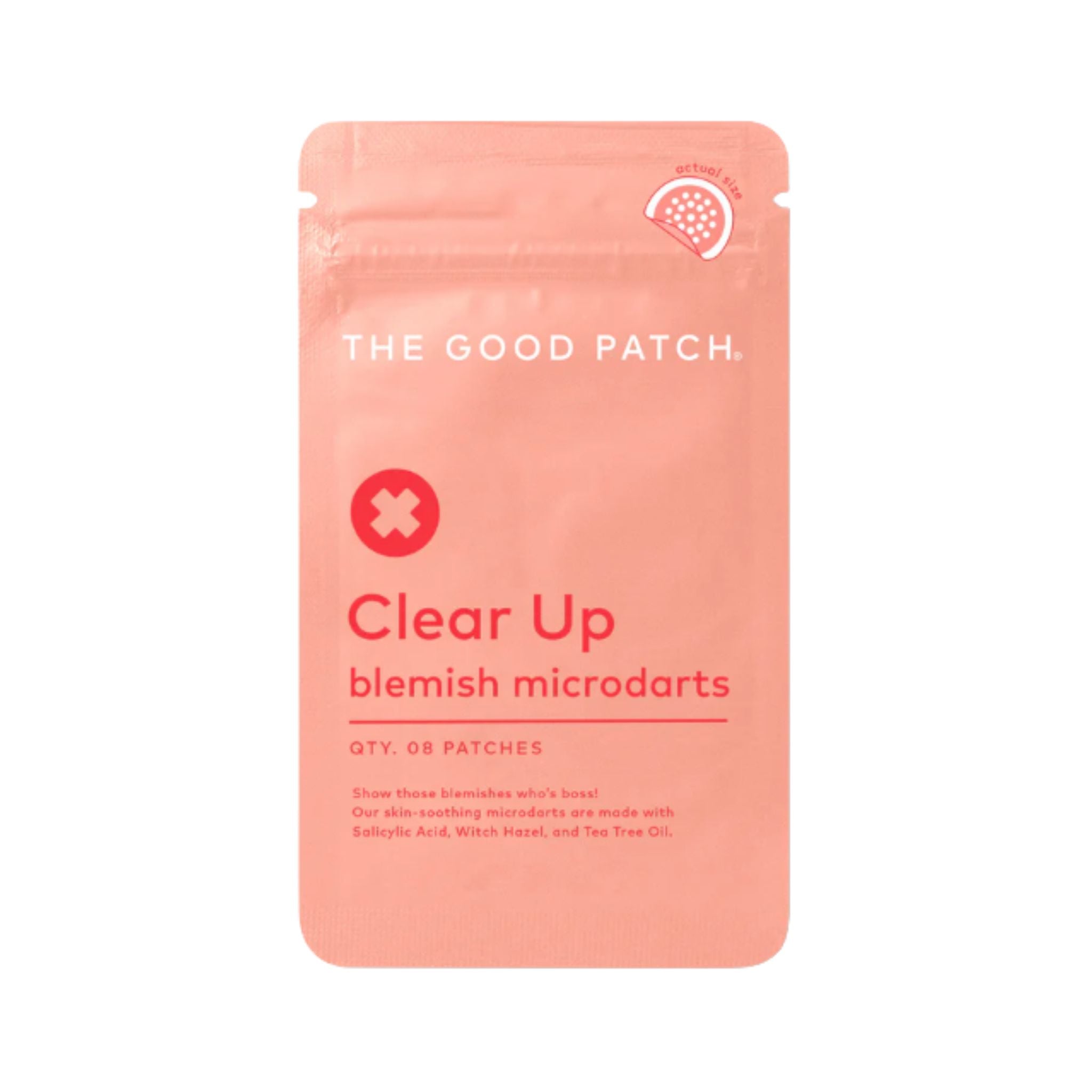 Pink packaging of 'The Good Patch' blemish microdarts on a white background