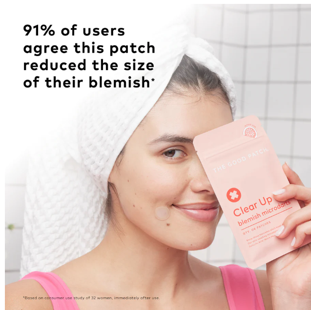 Woman using a blemish patch with product packaging, text indicating user feedback.
